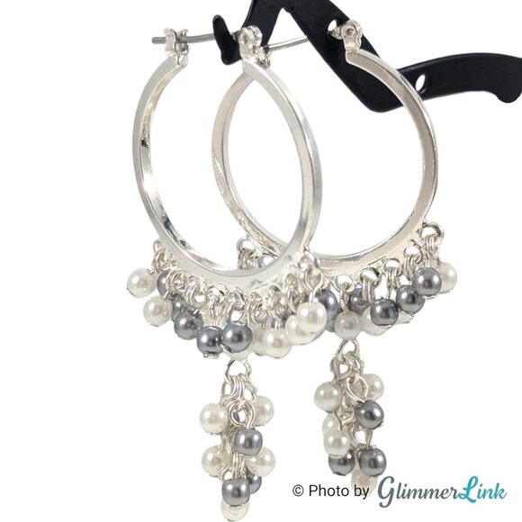 Faux Pearl Chandelier Silver Tone Dangle Lever Back Pierced Hoop Earrings - Picture 5 of 10